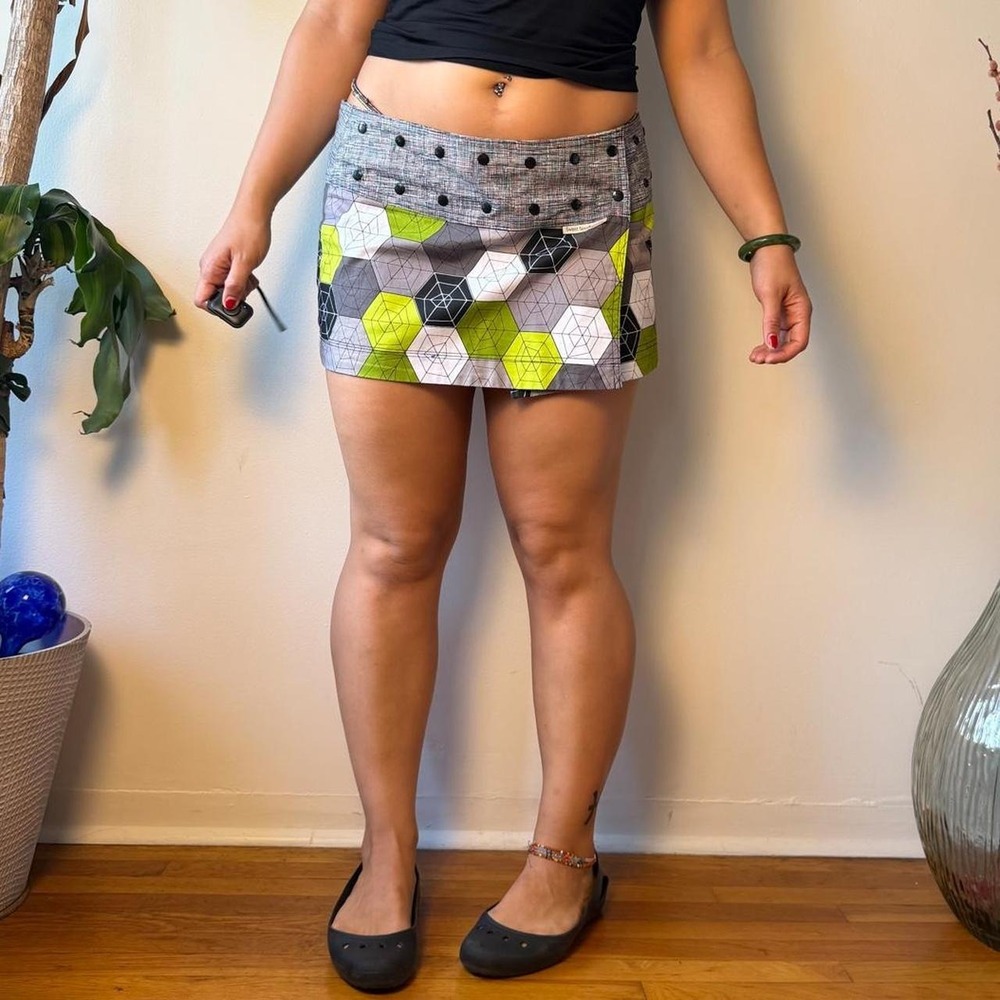 Sweet Spot Skirts Lime Green Grey Abstract Boho Wrap Mini Skirt One Size